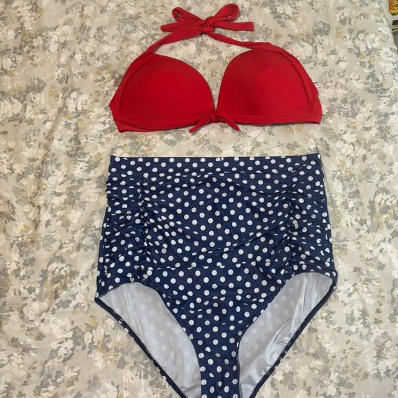 Cocoship Red Halter Bikini Top High-Waisted Blue Polka Dot Swim Bottoms Retro - Picture 2 of 6